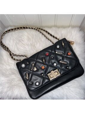 ALDO Black Quilted Chain Shoulder Bag with Embellishments